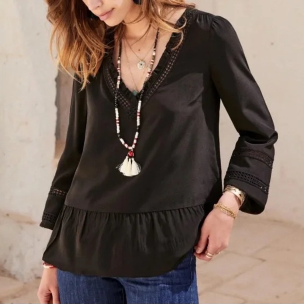 Sezane Black Silk Blouse Angelina Size 38 Crochet Details